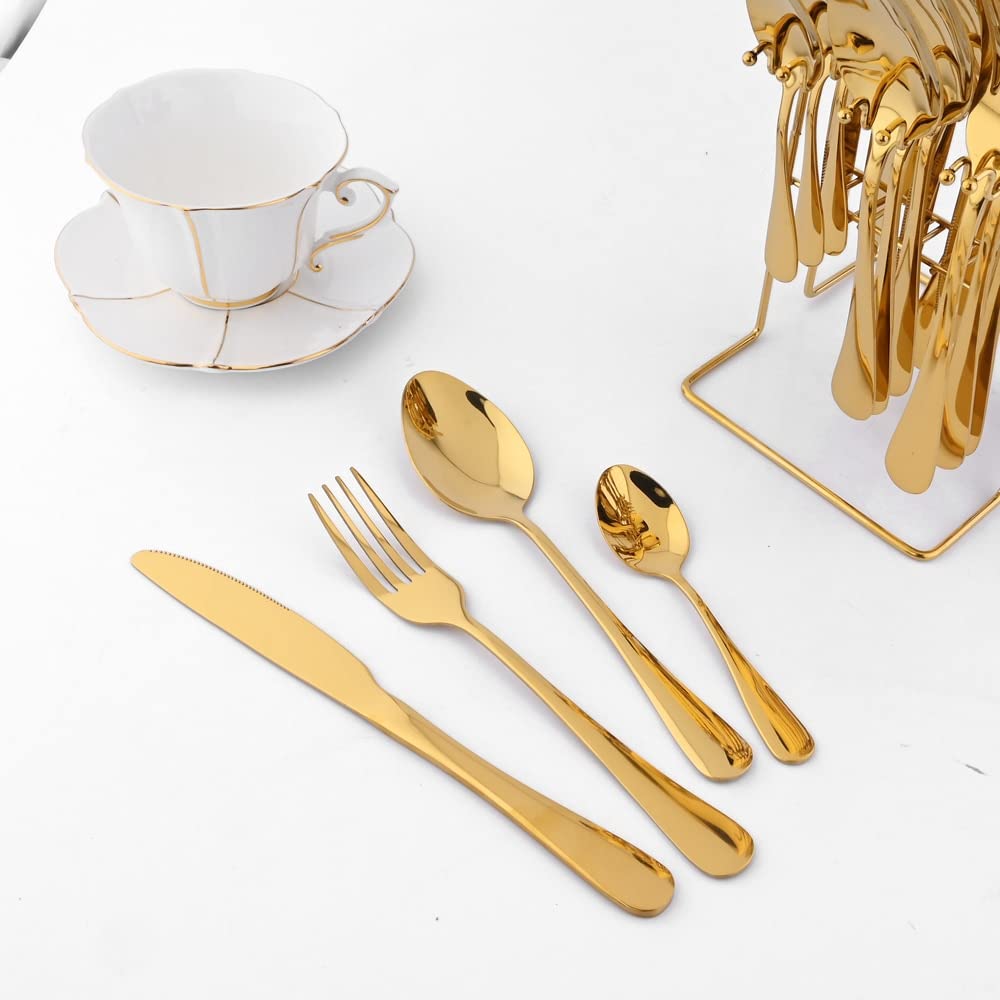24-teiliges Besteck-Set mit goldenem Aufbewahrungsregal Edelstahl-Besteck-Set für 6-Personen-Familienrestaurant-Werkzeuge