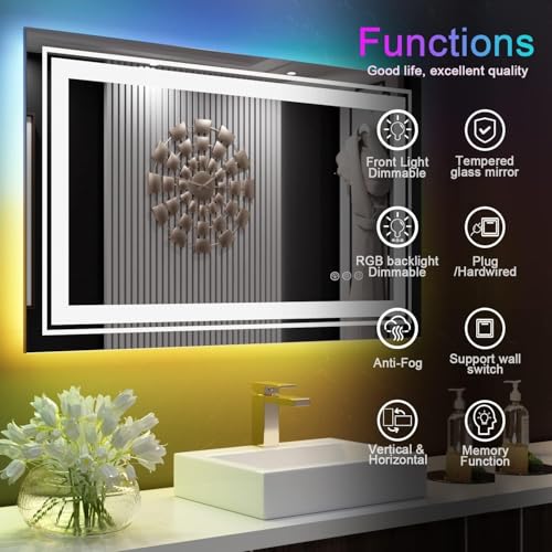 LED Mirror for Bathroom, 48"X40" with 8 RGB Backlit +3 Front Lit (Adjustable Individually), Anti-Fog, Large Lighted Bathroom Vanity Mirror for Wall,Shatterproof,Memory Function,Tempered Glass