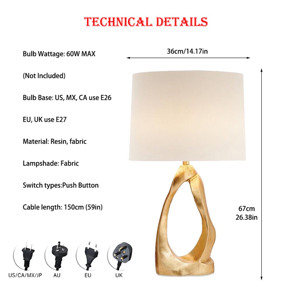 Złota lampa biurkowa, podstawa z żywicy z abażurem z tkaniny, włącznik przyciskowy, przewód 150 cm, do sypialni, salonu, biura, ciepłe oświetlenie do czytania, stolik nocny