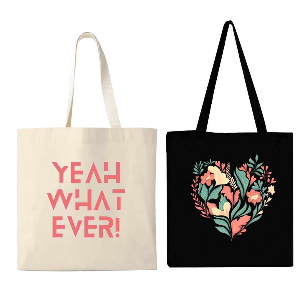 Peach Blossom Large Zip Tote Bag for Women Stylish Cotton Handbags, Canvas Tote Bags Zip and With and Pouch for College (Pack of 2)