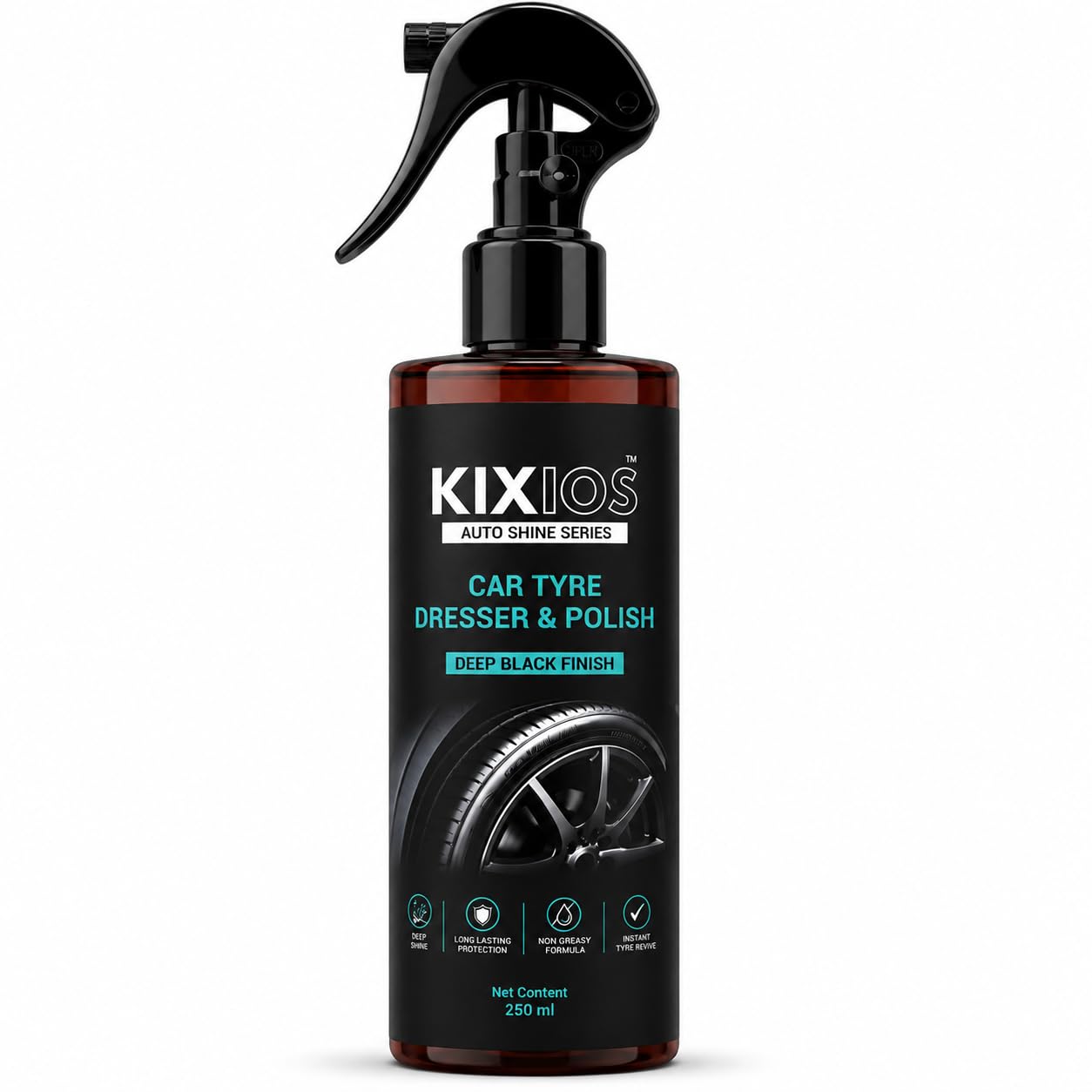 Tyre Polish Shiner Spray 250 ml for Car & Bike Extreme Black Long Lasting Shine & Dressing Non-Greasy Tyre Shiner Spray For Car Deep Black Wet Look Finish Dirt Repellent-image-3