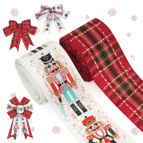 ALIBBON 2 Rolls 2.5 10 Yd Christmas Ribbons Nutcracker Wired Burlap Ribbons Christmas Decoration Red Buffalo Plaid Ribbon for Xmas Wreath Bow Making DIY Crafting Gift Wrapping Party Decor