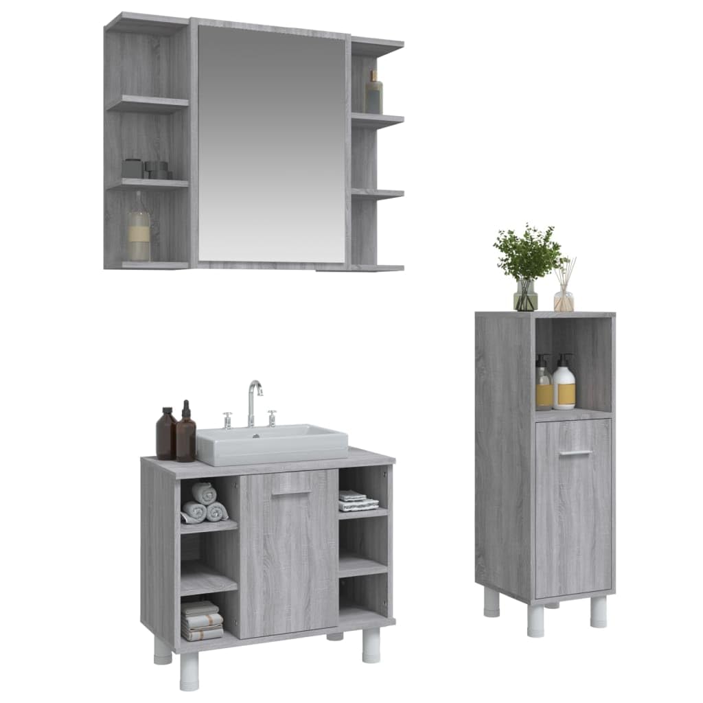 Gecheer Set Mobili da Bagno 3 pz Grigio Sonoma in Legno Multistrato-2221TT9