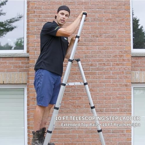 Telesteps 14ES Telescoping A-Frame Ladder – 10 ft Height, 14 ft Reach | Type 1AA 375 lb Rated | One-Touch Folding Aluminum Ladder with Stair Offset, Safety Locks & Stabilizer Bar by Telesteps - Image 2