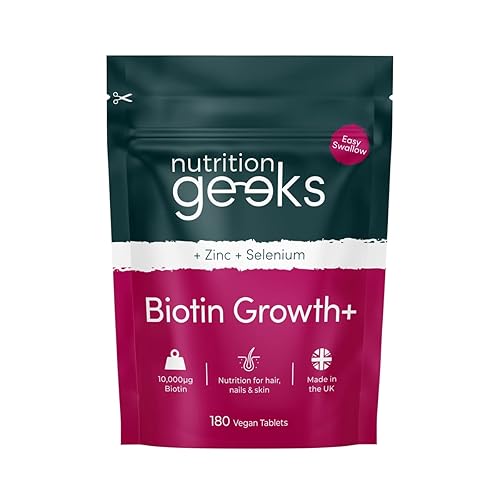 Nutrition Geeks Biotin Hair Growth Supplement - 180 Tablets Enhanced with Zinc & Selenium, Hair Vitamins Complex - Biotin 10000 mcg - Vegan, Hair Skin and Nails Vitamins for Women & Men UK