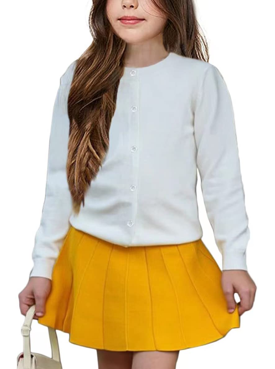 Girls' Cardigan Sweater [Cute Petal Buttons] Cotton Long Sleeve Crewneck Uniform Sweater for 5-14 Years Girls