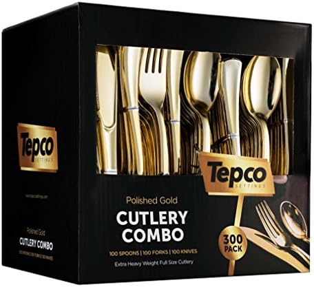 300 Gold Plastic Silverware Set - Plastic Gold Cutlery Set - Disposable Flatware Gold - 100 Gold Plastic Forks, 100 Gold Plastic Spoons, 100 Gold Cutlery Knives Heavy Duty Silverware for Party Bulk