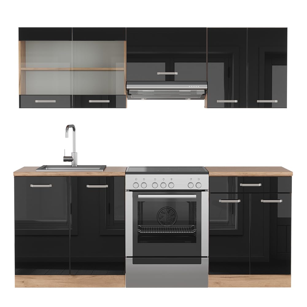 Vicco Cuisine R-Line, Noir Brillant/Chêne doré, 200cm
