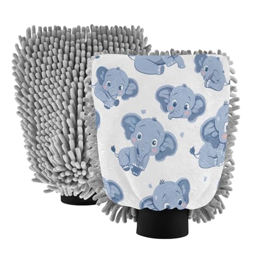 ALAZA Cute Elephant Cartoon Car Wash Mitt Scratch Free, 2 Pack Absorbent Microfiber/Chenille Washing & Drying Mitts, M
