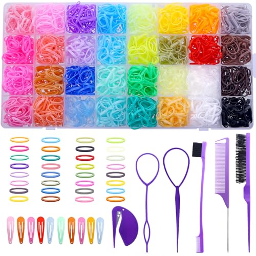 Bandas de goma para el cabello pequeñas de 32 colores con 16 herramientas de peinado, 2000 piezas elásticas para el pelo para niñas y bebés, mini bandas para el pelo con cortador elástico para el