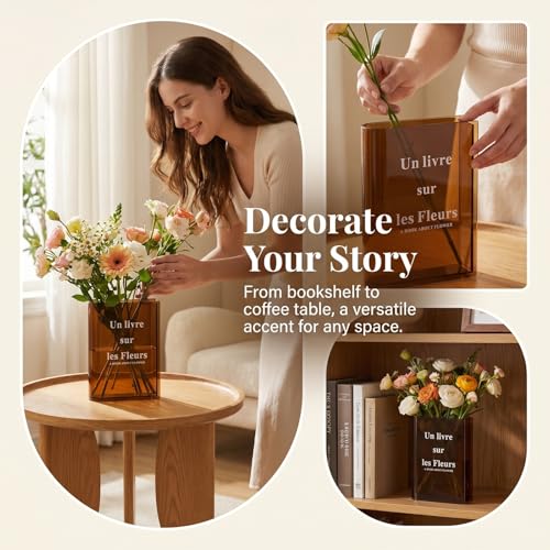 Book Shape Flower Vase - Clear Acrylic, Aesthetic Decoration for Home, Office or Bookcase, Flower Pot, Personalized Gift for Book Lovers (Brown) — view 5
