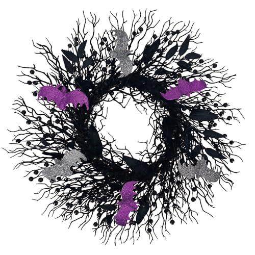 Halloween Wreath for Front Door - 20 Inch Black Wreath with Black Berries, Leaves & Silver Purple Bats, Spooky Gothic Decor for Indoor Outdoor, Haunted House Party Decoration