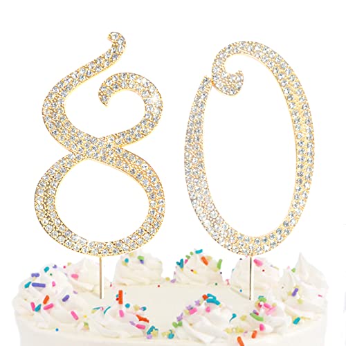 Number Cake Topper 80, Uniideco Gold Rhinestone Premium Metal Bling Bling Cake Decor, Sparkly Happy Birthday Wedding Anniversary Party Decoration Centerpiece #TOP5