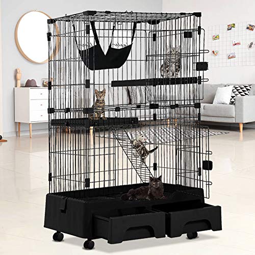 3-Tier Cat Cage Cat Crate Kennels Pet Playpen Large 52.3" High Kitten House Furniture With Wheels Wire Metal Pet Enclosure W/2 Front Doors Ladders 2 Platforms Bed Hammock Tray Cat Condo Tower #TOP21