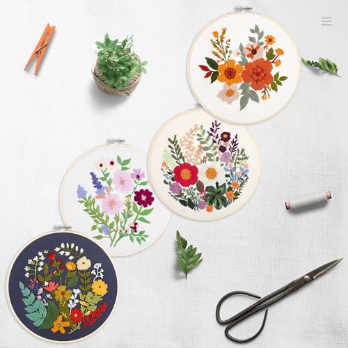 Image of Bonroy 4 Sets Embroidery Kit for Beginners with Instructions,Cross Stitch Kits for Adults with Pattern,Needlepoint Kits for Adult Include Embroidery Cloth Hoops Needles Threads