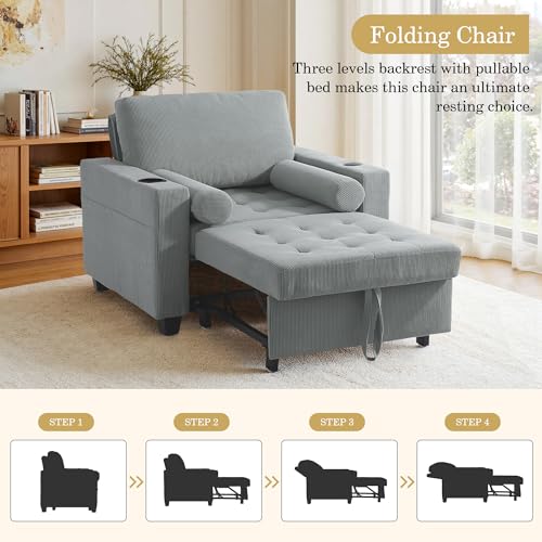 Image of 3-in-1 Sleeper Sofa Chairs Set of 2, Pull Out Sofa Bed Convertible Reclining Seat Upholstered Armchair, Adjustable Backrest Recliner Chair with Side Pockets, Cup Holder & USB Ports - Gray