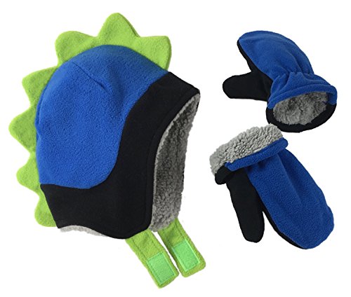 N'Ice Caps Toddler Baby Hat Mitten Set Boys Dino Fleece Gloves Warm Sherpa Lined (4-7 Years, Black/Royal/Neon Green Dino)