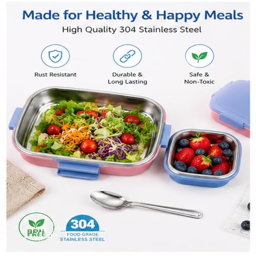 Image of PLUSPOINT Big Stainless Lunch Box Steel Tiffin Box with Inner Separate Veg Box | Leak Proof and Break Resistant | Tiffin for Kids, Adults with Snap Lock | Ideal for Office, School