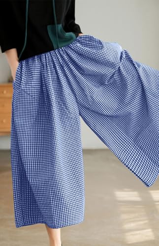 Image of chouyatou Women's Cotton Linen Pants Elastic Waist Plaid Gingham Wide Leg Capri Palazzo Pants