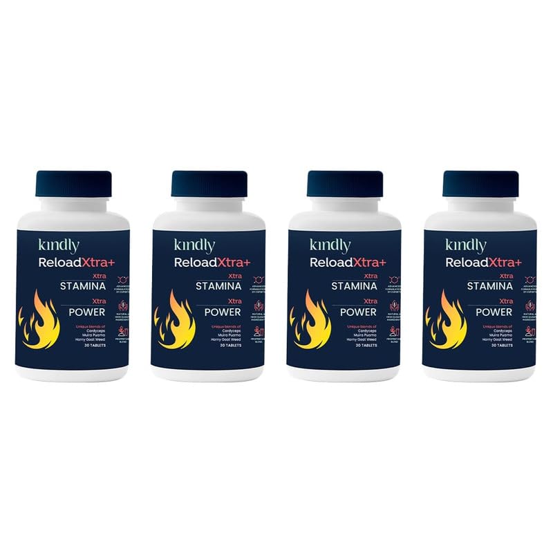 Kindly Health ReloadXtra+ Horny Goat Weed | Stamina Booster For Men Ayurvedic Ingredients 100% Vegan | Vitamin B12 and Muira Puama | Extra Strength and Energy | 120 Tablets, Pack of 4 Kindly Health ReloadXtra+ Horny Goat Weed | Stamina Booster For Men Ayurvedic Ingredients 100% Vegan | Vitamin B12 and Muira Puama | Extra Strength and Energy | 120 Tablets, Pack of 4