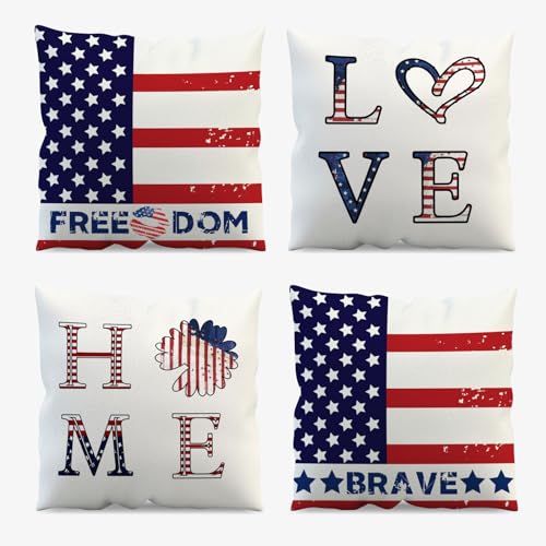 MEHOFOND 4th of July Pillow Covers Set of 4, Patriotic Outdoor Throw Pillow Covers America Flag Star and Stripe Pillow Case for Memorial Day Independence Day Home Decor Cushion for Sofa 18x18 inch