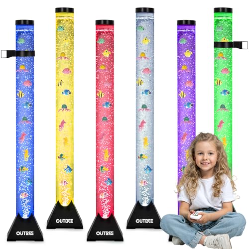 OUTREE 4FT Sensory Tube Lamp Aquarium Bubble Fish Lamp with Remote Control 20 Color Changing Effects 12 Fish Accessories Bubble Sensory Room Night Light Sensory Light for ADHD and Autism (Black)