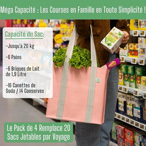 VENO Lot de 4 Sacs d'épicerie et sacs de courses réutilisables avec poignées et fond rigide de taille compacte et pratique. Fourre-tout utilitaire pliable, durable et robuste (Rose, Lot de 4) – vue 3