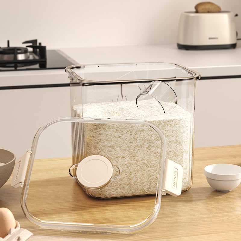 Image of Airtight Rice Storage Container with Measuring Cup, 10kg Large Grain Bin, BPA-Free Clear Food Storage Container for Rice, Flour, Cereal & Pulses, Moisture-Proof Flip Lid Pantry Organizer