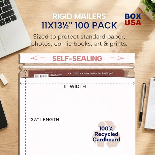 Image of BOX USA Rigid Mailers 11 inch x 13 inch (100-Pack) - Cardboard Mailer Envelopes for Photos, Catalogs, Art Prints - Stay Flat