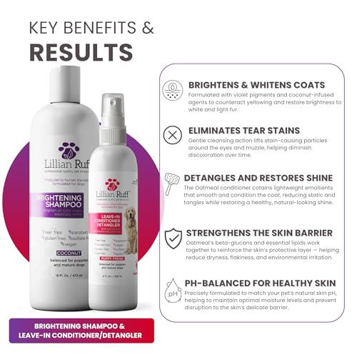 Image of Lillian Ruff PRO Formula Ultra Brightening Dog Shampoo & Leave-in Conditioner Detangler Set - Professional Whitening, Stain Removal, Dematting, Detangling & Odor Control with Aloe & Provitamin B5