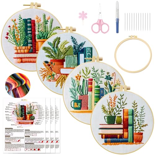 GD HUA 4 Stück Blumen Sticken Set Erwachsene DIY Stick Craft Set mit Musterstoff Stickrahmen Faden & Nadeln Stickset für Erwachsene Anfänger Bedienungsanleitung Enthalten