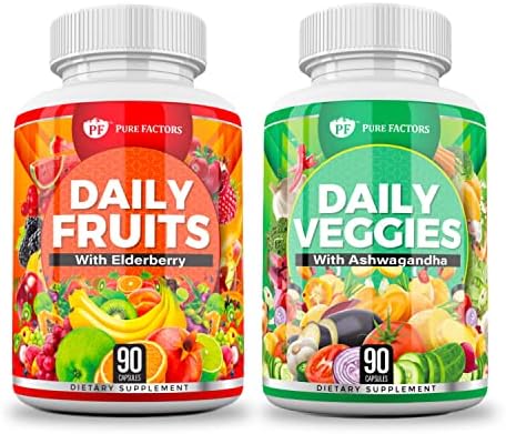 Daily Fruits and Veggies Supplement with Ashwagandha, Beet Root, and Elderberry - 90 Fruits and 90 Veggies Capsules Made with Whole Foods Superfoods for Daily Supplements for Women and Men