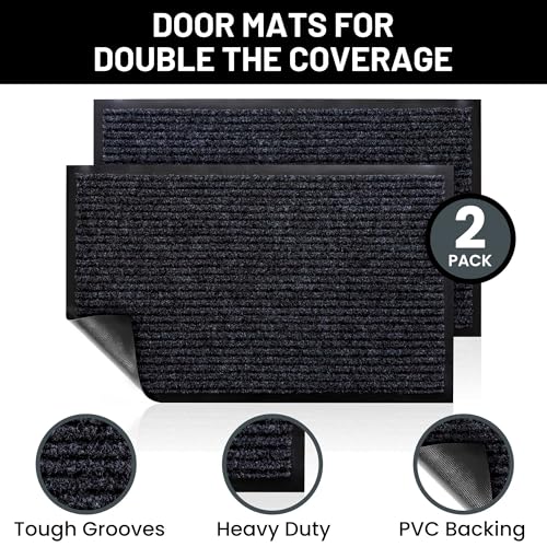 Image of Sierra Concepts 2-Pack Striped Door Floor Mat - Indoor Outdoor Rug 36 inch x 24 inch Large Entryway Welcome Mats with Rubber Backing for Shoe Scraper, Ideal for Inside Outside High Traffic Area, Gray & Black