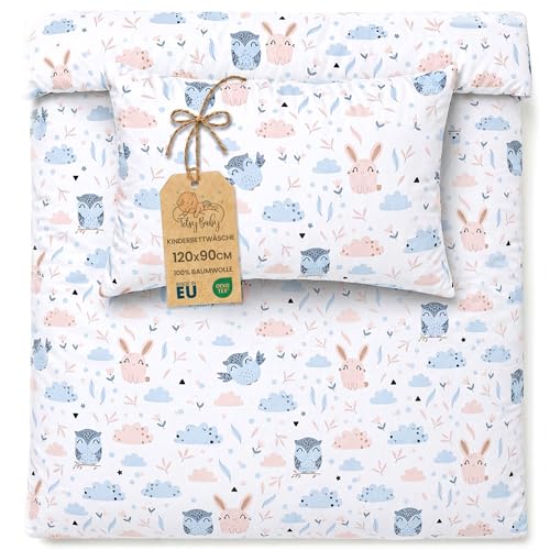 Baby Bettwäsche Set 90 x 120 cm - Kinderbettwäsche Babybettwäsche mit Kissenbezug 60x40 aus Baumwolle Eulenmotiv