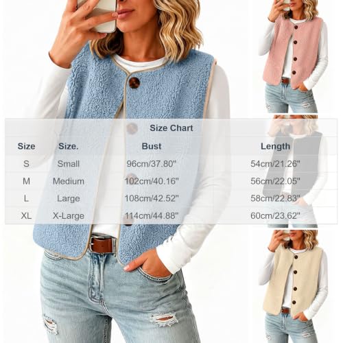 Womens Sherpa Fleece Vest Button Front Crew Neck Trim Casual Fall Layering - image 5
