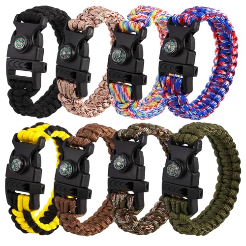 8 Pcs Paracord Survival Armbands, Multifunktions Überlebensarmband Set mit Schnalle, Outdoor Armband Herren kompass und Rettungsschwimmerpfeife, Notfall Überleben Armband, Wild Camping Ausrüstung Kit