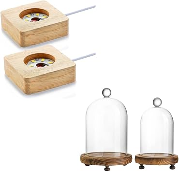 ZEERSHEE Pack 2 Wooden LED Light Display Base and Pack 2 Clear Glass Dome with Wooden Base