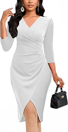 ZonJie Womens Sexy V Neck 3/4 Sleeve Faux Wrap Ruched Bodycon Dress Cocktail Party Work Wedding Guest Dresse
