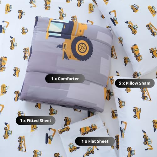 Image of Cokouchyi Full Size Comforter Set for Boys, 5-Piece Bed in a Bag, 3D Construction Bedding Comforter Sheet Set, Ultra Soft and Fluffy, Cartoon Truck Cars