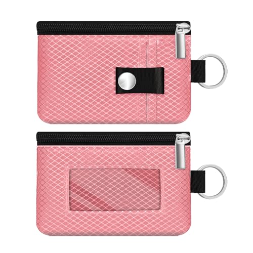 Image of Minimalist RFID Blocking Small Wallet with ID Window,WaterResistant Zip Id Case Wallet with Lanyard Keychain for Cards,Cash,Travel,Women,Men (Pink)