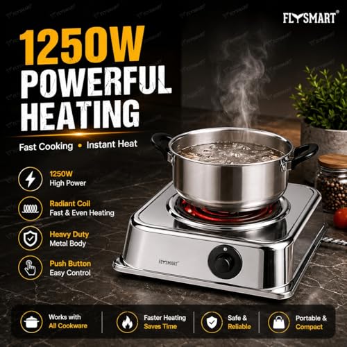 Image of Solid Heavy Body Electric Coil Cooking Stove | Chrome Plated Radiant Hot Plate Cooktop | Push Button Control | Portable Electric Heater & Cooking Plate (Silver)