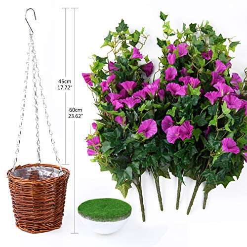 Hanging Basket With Artificial Vine Silk Petunia Flowers For Outdoor/Indoor,Artificial Hanging Plant In Basket,Morning Glories Coconut Lining Basket Hanging Plant For Patio Lawn Garden Decor (Purple) #TOP5