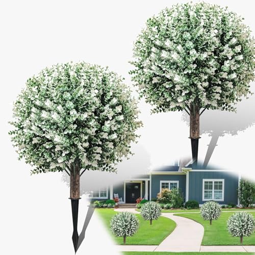 2er-Set Künstliche Buchsbaumkugel 61cm,Buchsbaum Kunstpflanze mit Erdspieß,UV-Beständig Immergrüne Künstliche Pflanzen für Blumentopf Büro Garten