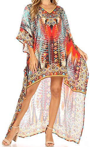 Sakkas Laisson Flowy Hi Low Caftan Rhinestone Boxy V Neck Dress Top Cover/Up