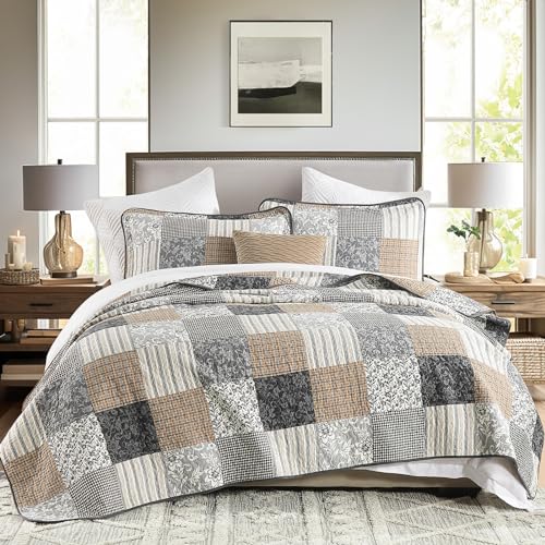 PANGUSHAN 100% Cotton Queen Quilt Bedding Set, Quilt Queen Size, Floral Patchwork Quilted Bedspread, Lightweight Comforter Queen Bed Spread for All Season, 3pcs, Brown/Gray