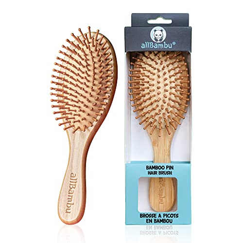Allbambu - Bamboo Hair Brush With Bamboo Pins, Detangling Hairbrush For Women, Girls & Men, Paddle Wooden Brush For Hair, Scalp Massager & Anti Static Hair Comb For Thick, Thin & Curly Hair, Natural Bamboo Brush #TOP26
