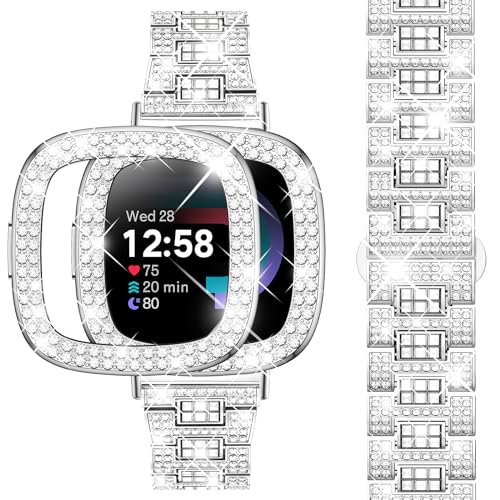 Dsytom Bling Watch Band Compatible with Fitbit Versa 4 Bands/Fitbit Sense 2 Bands with Rhinestone Protective Case Cover for Women Girls(Silver)
