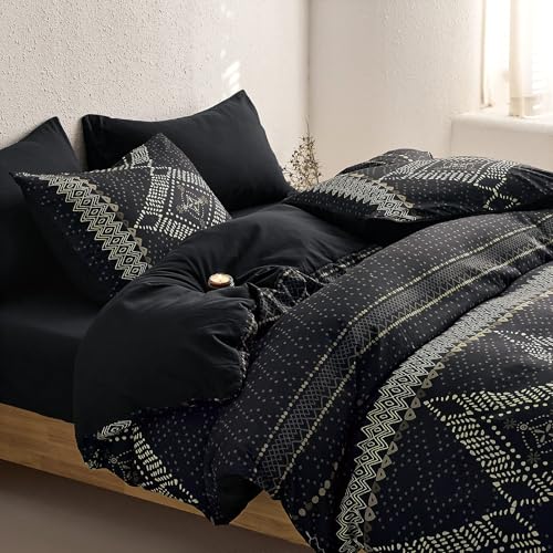 Image of Wake In Cloud - Boho Comforter Set, Farmhouse Bohemian Western Aztec Neutral Aesthetic, Soft Lightweight Bedding, 3 Pieces, Charcoal Black, King Size