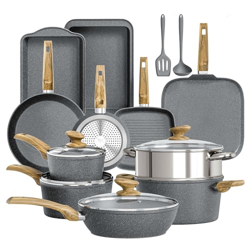 DishDelight Töpfe für Induktionsherd Antihaft Topfset Beschichteter Topf und Pfannenset 17-teilige Granit Cookware Kochtopf Bratpfanne mit Glasdeckeln