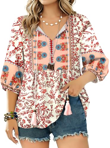 GUNEST Womens Boho Tops V Neck 3/4 Sleeve Pleated Flower Blouses Lightweight Unique Bloomchic Tunic Pink XXL